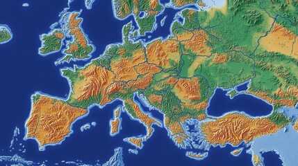 Geographic map of Europe showing physical features