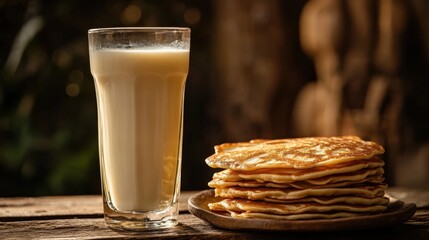 Glass of buttermilk beside a stack of pancakes
