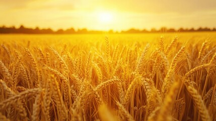 Naklejka premium Golden wheat field ready for harvest, with a distant horizon meeting a warm sunset casting a golden glow.