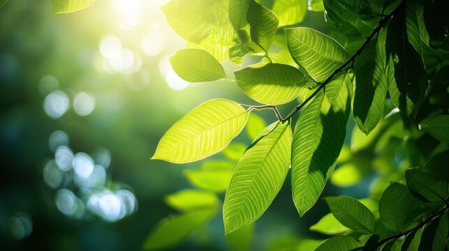 Green leaves with sunlight filtering through