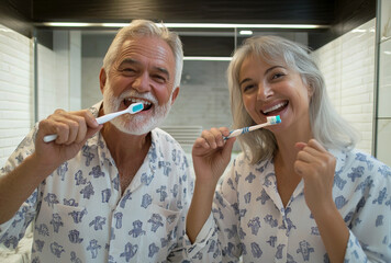 An elderly couple wearing pajamas brushing their teeth together in a bright modern bathroom at home. Happy senior pair while washing morning routine