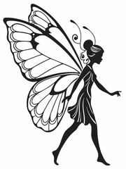 Fairy Silhouette with Butterfly Wings - Mystical and Enchanted Design. Cute Fairy art. Beautiful Fairies silhouette