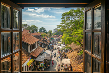 Bustling Market Street View from Colonial Mansion in Historic Cultural Town
