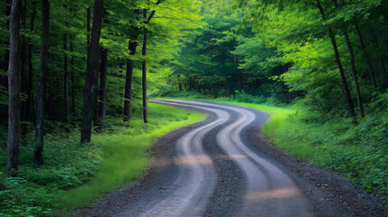 Fototapeta premium Winding gravel road forest, serene nature path way grass, rustic field track journey outdoor, scenic natural rural, countryside panoramic beautiful