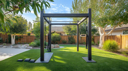 Dynamic backyard bar workout, energetic fitness outdoor summer training, vigorous outside pull up calisthenics, active healthy sporty, recreational physical fun