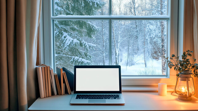 Serene laptop table window, peaceful winter snow home office, tranquil workspace freelance desk computer, cozy modern indoor, wooden interior lifestyle