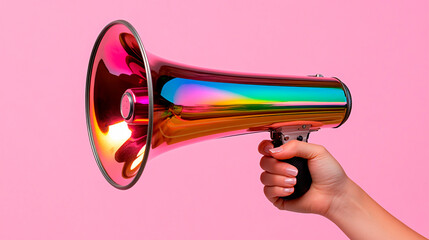 A close-up, minimalist photography style of a single hand clutching a vintage-style megaphone.