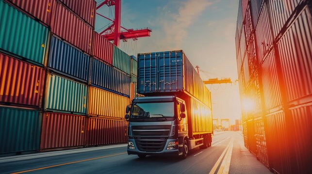 A freight truck navigating through a busy shipping container yard at sunset.