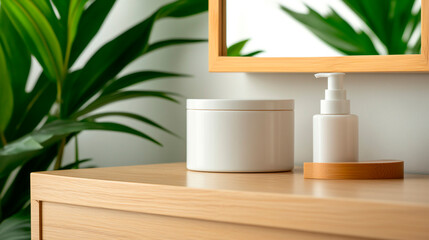 Beige countertop background with a mirror and plants. Clean mockup for beauty products. social media banner with copy space