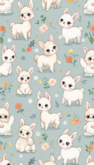 Obraz premium Cartoon Sheep and Goats in a Whimsical Pastel Pattern with Floral Details