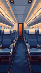 Modern Airplane Cabin Interior with Rows of Comfortable Seats, Ambient Lighting, and Spacious Layout for In-Flight Travel
