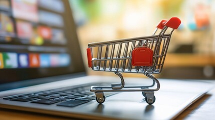 Online Shopping Concept: Miniature Shopping Cart on Laptop