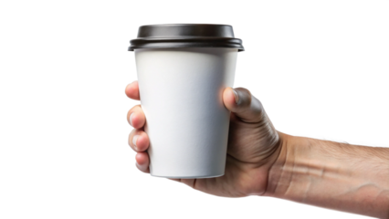 Hand Holding Blank White Takeout Coffee Cup with Black Lid – Isolated on White, PNG Transparent