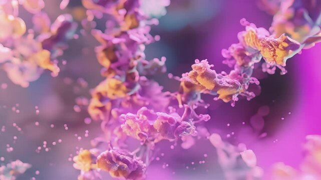 A highly magnified image of ries elongating a polypeptide chain adding amino acids one by one.