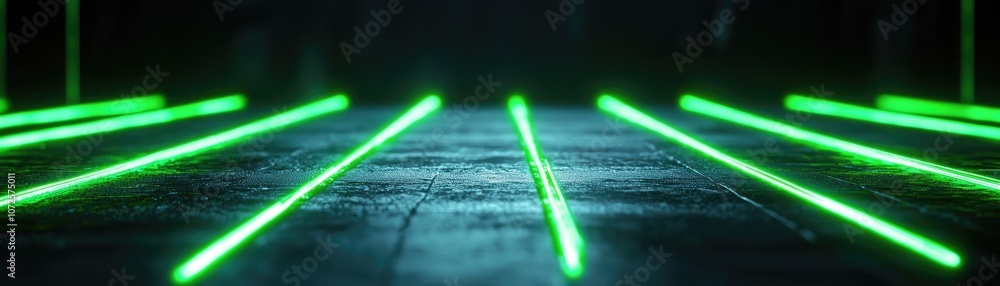 Poster dynamic green laser beams illuminating a dark surface, creating a futuristic atmosphere.