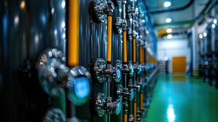 Obraz premium Industrial pipes and valves in a modern facility, showcasing engineering precision.
