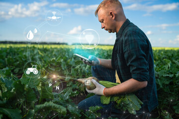 Smart farming and Agricultural technology. Agritech icons and messages on farmer holding smartphone...