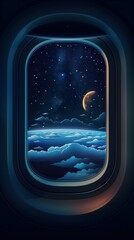 Night sky view through airplane window with moon, stars, and clouds during flight above Earth