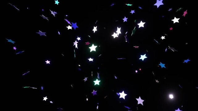 33 seconds of AI and computer generated of reflective star shapes floating down slowly on black background hd video animation motion graphics screensaver visualizer 