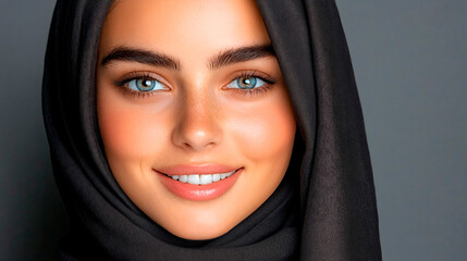 Naklejka premium Portrait of a smiling Arab middle eastern woman. copy space.