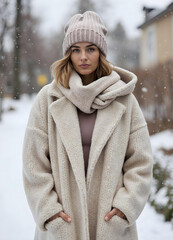 Beautiful glamour model in cozy winter coat made of thick wool v1