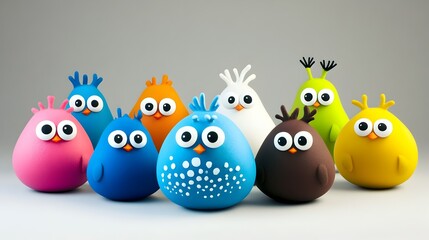 A group of 8 cartoon birds in various colors, looking at the camera.