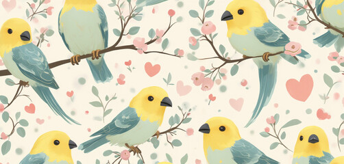  Cartoon Lovebirds and Roses in a Whimsical Decorative Pattern