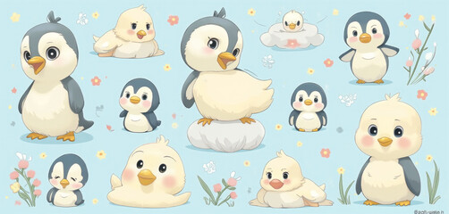  Cartoon Penguins and Ducklings in a Whimsical Spring Pattern