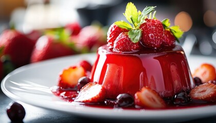 A scrumptious strawberry pudding, beautifully garnished with berries on a white plate, epitomizes dessert perfection.