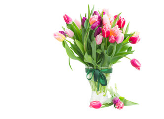 pink and violet tulips bouquet in vase