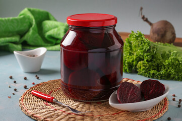 Pickled beets in jar, preparation for salad or snack