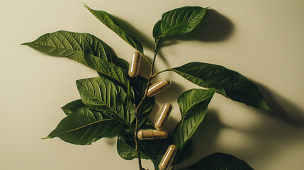 Obraz premium Proszek Kratomu, świeże zielone liście oraz kapsułki, które ilustrują tradycyjne, alternatywne podejście do medycyny.