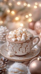 Gourmet hot chocolate with marshmallows in a cozy holiday setting