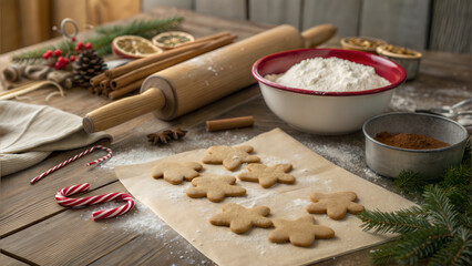 Preparing gingerbread cookies with rolling pin, flour, and festive decorations on a wooden table