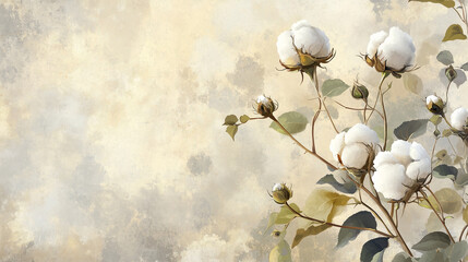 Fototapeta na wymiar Rośliny bawełny, umiejscowioną na tle miękkiej, jednolitej powierzchni, która tworzy przestrzeń do dodania tekstu.