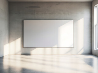 Modern concrete room with blank poster on wall, sunlight casting shadows.