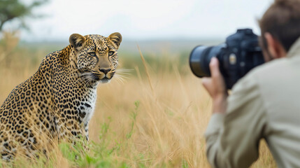 Photographer photographing leopard with camera on a tourism adventure in Kenya's Savannah, capturing travel moments on a memorable vacation in the wild