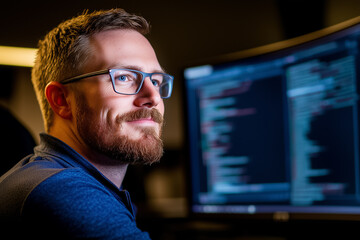 A man with glasses enjoys coding in a dimly lit environment, focused on his screen filled with programming code