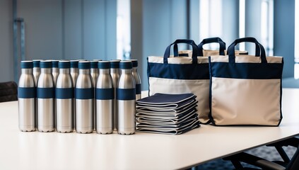Set of stainless steel water bottles and reusable bags on a clean conference table with copy space