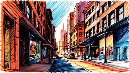 Naklejka premium Vibrant Urban Street Illustration with Modern Architecture