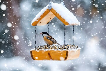 Naklejka premium Winter bird feeding scene with a snow-covered bird feeder and a few small birds, evoking a warm and caring moment for wildlife in the cold season, perfect for nature lovers
