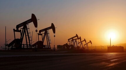Silhouette of oil pump jacks at sunset in an oil field, depicting energy production and extraction