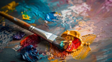 Obraz premium Close-up of a paintbrush mixing colorful oil paints on a palette