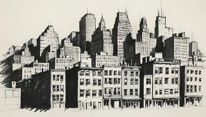 Obraz premium Detailed Black and White Sketch of Urban Skyline