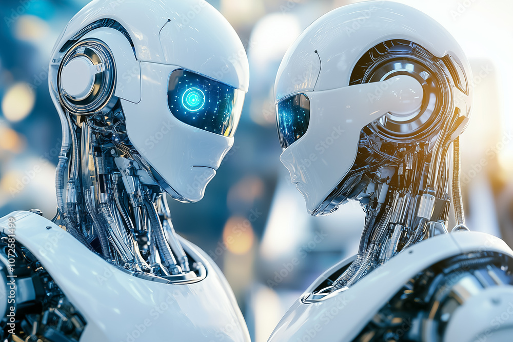 Poster humanoid robots with illuminated eyes stand face-to-face in a sleek, advanced technology lab environ
