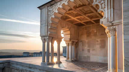 Fototapeta premium Historic architecture at sunset with intricate design elements in a serene outdoor pavilion overlooking the landscape