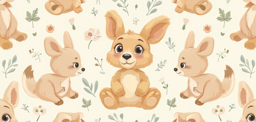  Cartoon Bunnies Sitting with Floral Accents in a Whimsical Pattern
