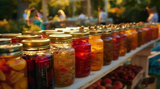 Golden hour sunlight illuminates jars of colorful preserved fruits and vegetables on a table, with blurred people and a garden in the background