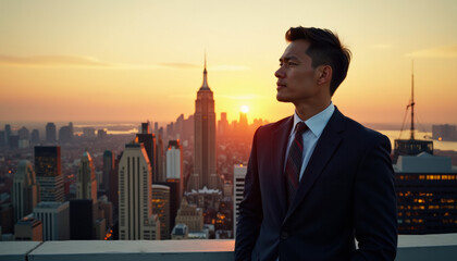 Businessman Contemplating Sunrise over NYC