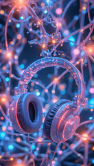 Futuristic Neon Headphones with Glowing Lights on a Dark Background